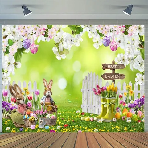 Paashaas Eieren Fotografie Achtergrond Doek Polyester Bloemen Tuin Feest Achtergrond Feestelijke Binnen Buiten Muurdecoratie Tapijt