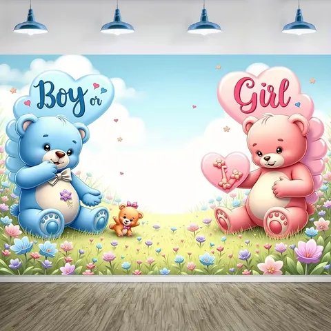 Gender Reveal Fotografie Achtergronddoek Jongen Of Meisje Baby Shower Decoratie Roze Blauw Beer Polyester Achtergrond