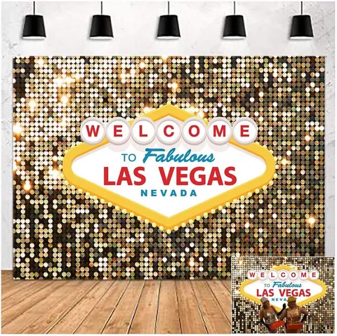 Sfondo Fotografico per Festa a Tema Las Vegas Cartello Welcome to Fabulous Las Vegas Paillettes Oro Scenografia Notturna della Città Decorazione per Feste