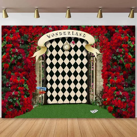 Wunderland Märchen Wald Fotohintergrund Rote Rosen Wand Karomuster Bogen Magischer Wald Banner Für Geburtstagsfeier Dekoration