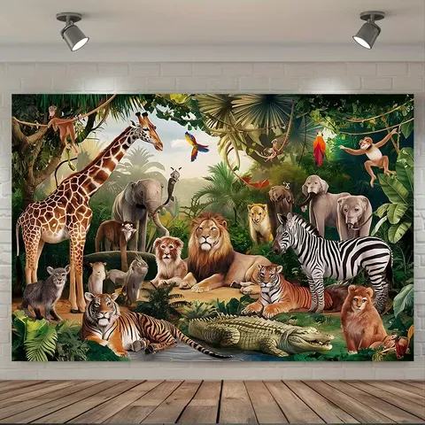 Tropical Rainforest Wild Animal Photography Backdrop Safari Forest Theme Children Birthday Party Wall Hanging Tapestry Home Decor Digital Printed Polyester Background Cloth