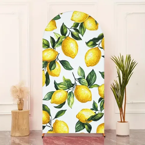 Arched Backdrop Cover Mediterranean Vintage Blue Tile Pattern Lemon Print Polyester Fabric Backdrop For Wedding Event Party Decoration