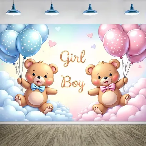 Gender Reveal Fotografie Achtergronddoek Jongen Of Meisje Baby Shower Decoratie Roze Blauw Beer Polyester Achtergrond