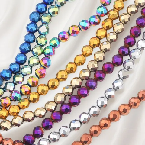 Faceted Hematite Loose Beads Electroplated Round Metallic Spacer Charm Beads For Handmade Jewelry Making DIY Crafts Finding Components