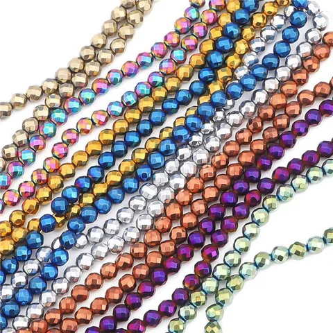 Faceted Hematite Loose Beads Electroplated Round Metallic Spacer Charm Beads For Handmade Jewelry Making DIY Crafts Finding Components
