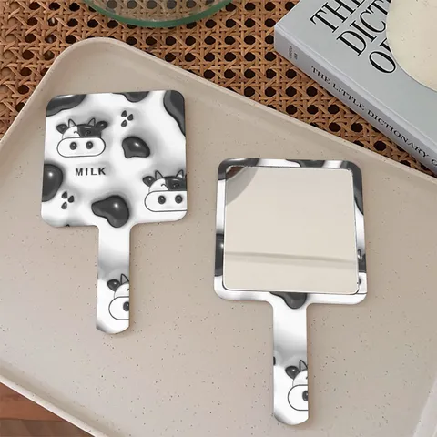 Kuhmuster Handspiegel Tragbarer Quadratischer Schminkspiegel Mit Griff Cartoon Milch Muster Kunststoff Aluminium Spiegel Für Damen Schminktisch