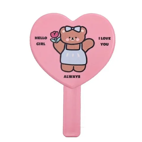 Handheld Heart-Shaped Makeup Mirror Portable ABS Cartoon Bear Print Cosmetic Hand Mirror For Women Girls Daily Use