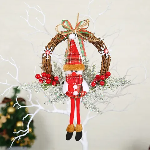 Handgefertigter Weihnachts-Rattan-Kranz Girlande Hängende Dekoration Mit Plüsch Weihnachtsmann Schneemann Elch Puppe Merry Christmas Schild Für Tür Wand Haus Deko