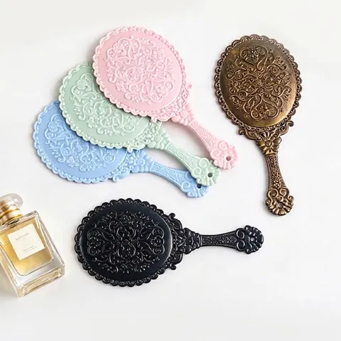 Vintage Handheld Makeup Mirror Antique Floral Embossed Design Plastic Handle Portable Vanity Cosmetic Mirror For Women Beauty