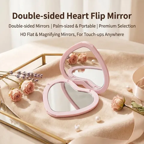 Specchio da Trucco Pieghevole a Doppia Faccia a Forma di Cuore Mini Specchio da Tasca Portatile ad Alta Definizione con Cornice in ABS per Donna