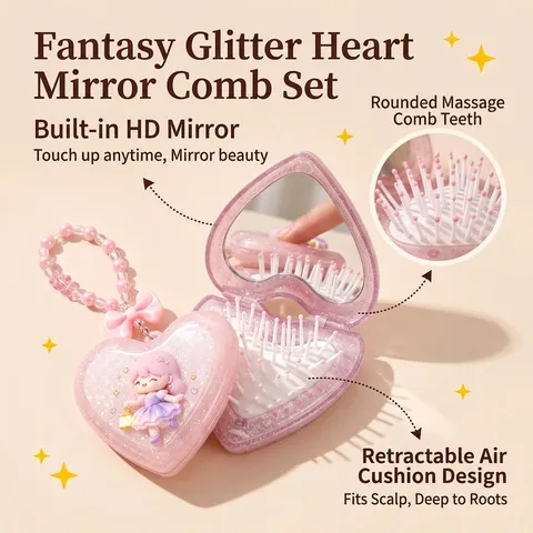 Portable Heart Shaped Glitter Folding Makeup Mirror With Comb Girly Style Heart Mirror Comb Combo Set With Pendant