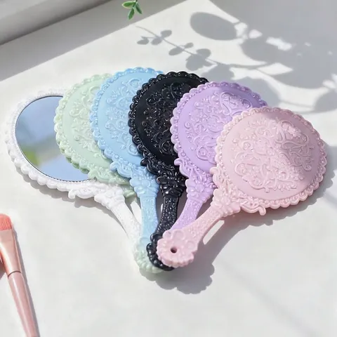Vintage Handheld Makeup Mirror Antique Floral Embossed Design Plastic Handle Portable Vanity Cosmetic Mirror For Women Beauty