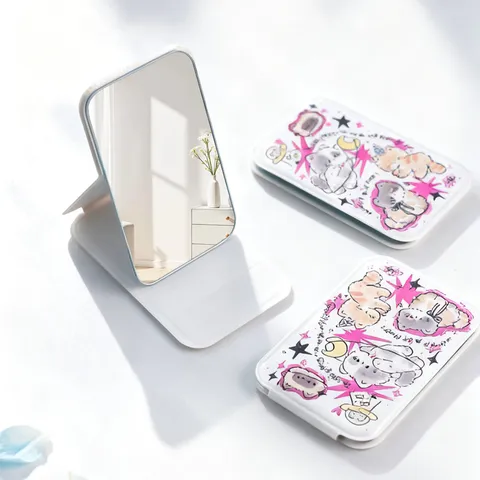 Tragbarer Klappbarer Schminkspiegel PU-Leder Niedliches Cartoon-Katzen-Design Mädchenhafter Kleiner Reisepiegel Für Frauen Mädchen