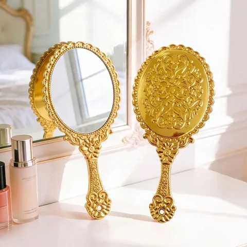 Vintage Baroque Embossed Handheld Makeup Mirror Portable Plastic Cosmetic Vanity Mirror With HD Lens For Women Bathroom