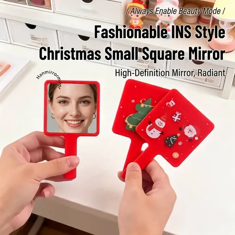 Christmas Handheld Square Makeup Mirror Portable Red Cartoon Santa Claus Snowman Deer Festive Beauty Gift For Women Girls