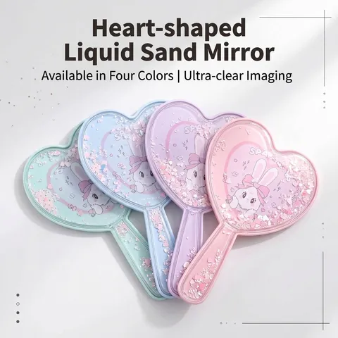 Herzform Handspiegel Cartoon Hase Treibsand Glitzer Tragbarer Make-Up Spiegel Für Damen Süßer Mädchenstil ABS Glasspiegel