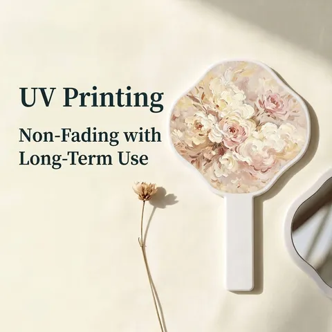 Handheld Makeup Mirror Chinese Style Oil Painting Flower Pattern Irregular Shape Handle Portable Beauty Mirror For Women Gift