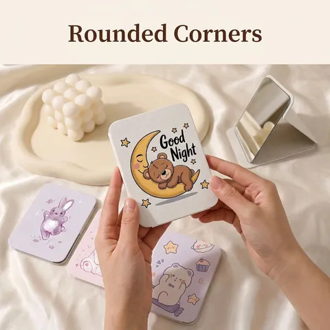 Cartoon Folding Makeup Mirror PU Leather Desktop Portable Glass HD Mirror with Phone Holder Stand for Women Girls Gift