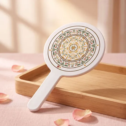 Vintage Chinese Style Handheld Makeup Mirror Round Floral Print Cosmetic Vanity Mirror Portable Plastic Handle Mirror