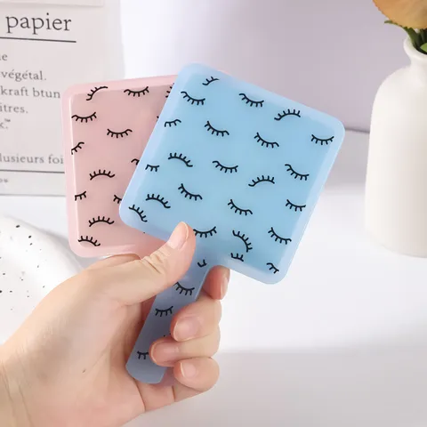 Handheld Square Makeup Mirror With Eyelash Print Portable Translucent Plastic Handle Mirror For Women Personal Care