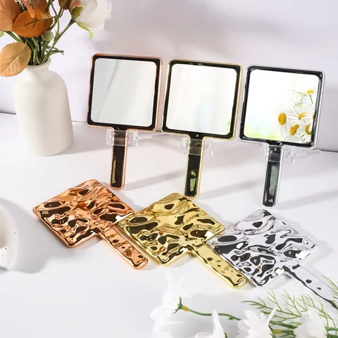 Portable Electroplated Handheld Makeup Mirror Square Hammered Texture Handle Mirror For Women Beauty Salon Gold Silver Rose Gold