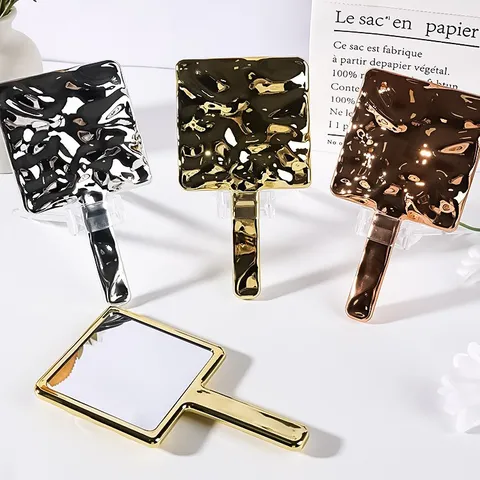 Portable Electroplated Handheld Makeup Mirror Square Hammered Texture Handle Mirror For Women Beauty Salon Gold Silver Rose Gold