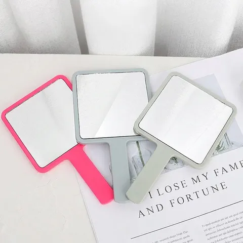 Portable Square Handheld Mirror With Handle Plastic Frame Small Makeup Mirror For Women Home Bedroom Beauty Tools Travel Accessories