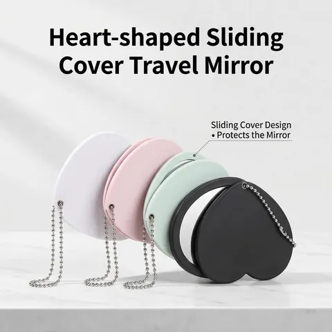 Heart-Shaped Rotating Double-Sided Makeup Mirror Plastic Frame Aluminum Mirror Portable Hanging Mirror With Bead Chain