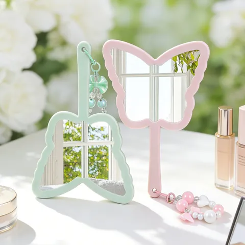 Butterfly Shaped Handheld Makeup Mirror ABS Plastic Frame High Definition Portable Vanity Mirror With Beaded Charm Women Girls