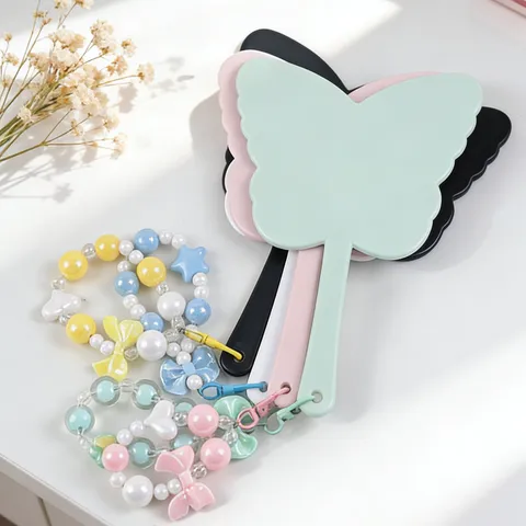 Butterfly Shaped Handheld Makeup Mirror ABS Plastic Frame High Definition Portable Vanity Mirror With Beaded Charm Women Girls