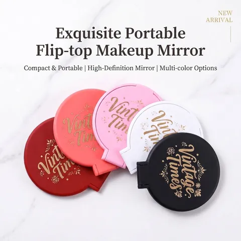 Portable Folding Pocket Makeup Mirror Vintage Times Pattern Round Dopamine Color Compact Mini Single Sided Cosmetic Handheld Mirror For Women Girls Travel