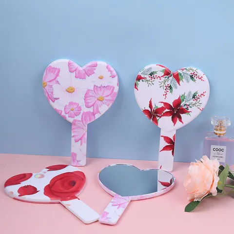 Heart Shaped Handheld Makeup Mirror Portable Plastic Frame Floral Print Cosmetic Hand Mirror For Women Girls Daily Use Gift