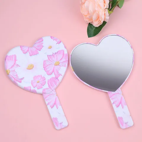 Heart Shaped Handheld Makeup Mirror Portable Plastic Frame Floral Print Cosmetic Hand Mirror For Women Girls Daily Use Gift