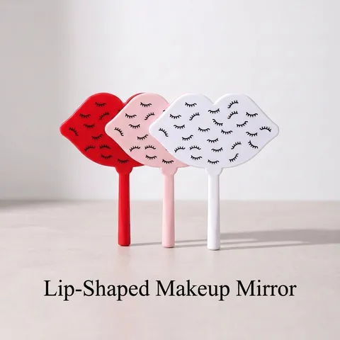 Cute Cartoon Lip Shape Handheld Makeup Mirror With Eyelash Pattern Plastic Portable Cosmetic Hand Mirror For Girls Women Travel Beauty Tools