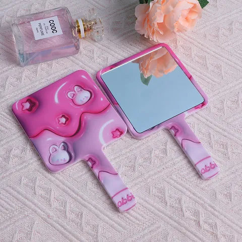 Cute Cartoon Square Handheld Makeup Mirror With Handle Portable Pink Purple Gradient Rabbit Star Decorative Hand Mirror For Girls Women Daily Use