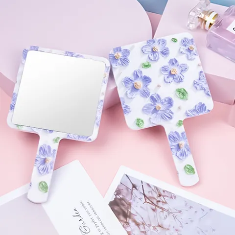 Square Handheld Makeup Mirror With Purple Floral Embossed Pattern Portable HIPS Plastic Frame Aluminum Mirror Lens For Women Daily Beauty