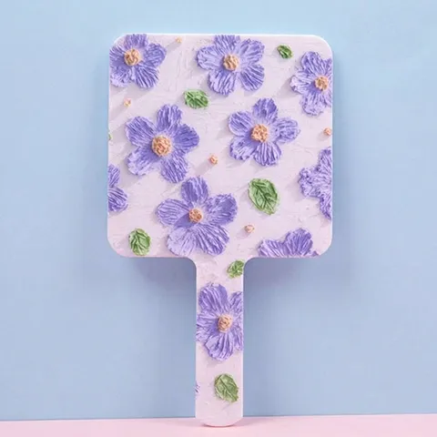 Square Handheld Makeup Mirror With Purple Floral Embossed Pattern Portable HIPS Plastic Frame Aluminum Mirror Lens For Women Daily Beauty