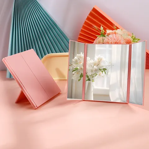 Portable Tri-Fold Makeup Mirror High Definition Glass Vanity Mirror With Adjustable Stand ABS Folding Cosmetic Mirror For Women