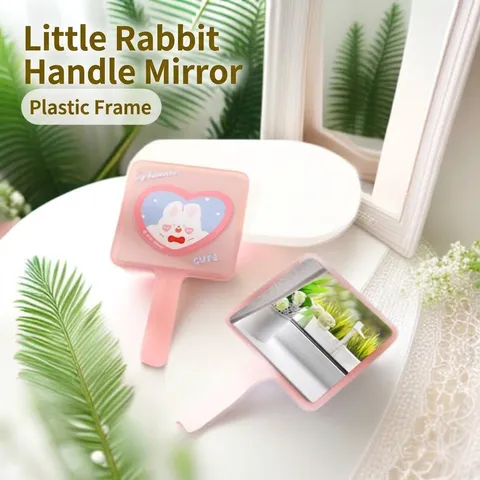 Cute Pink Rabbit Heart Pattern Handheld Makeup Mirror Plastic Frame Square Portable Desktop Cosmetic Mirror For Women Girls