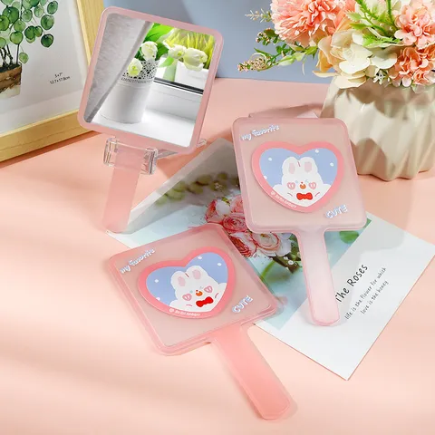 Cute Pink Rabbit Heart Pattern Handheld Makeup Mirror Plastic Frame Square Portable Desktop Cosmetic Mirror For Women Girls