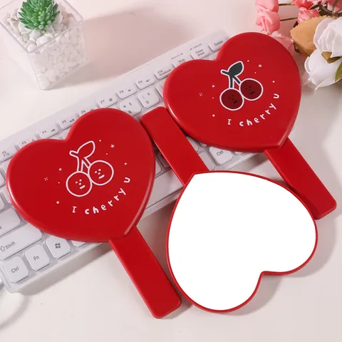 Grazioso Specchio a Mano a Forma di Cuore Portatile con Stampa Ciliegia Mini Specchio Trucco Cornice ABS Alta Definizione Donna