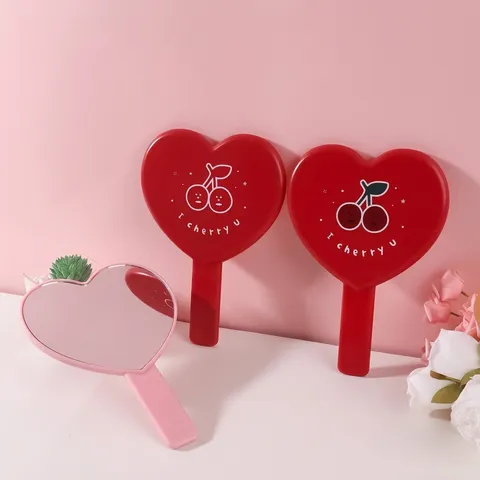 Grazioso Specchio a Mano a Forma di Cuore Portatile con Stampa Ciliegia Mini Specchio Trucco Cornice ABS Alta Definizione Donna