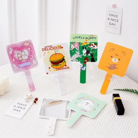 Cartoon Handheld Makeup Mirror Cute Portable Square Plastic Mirror With Handle HIPS Glass For Students Dormitory Home Desktop Mirror