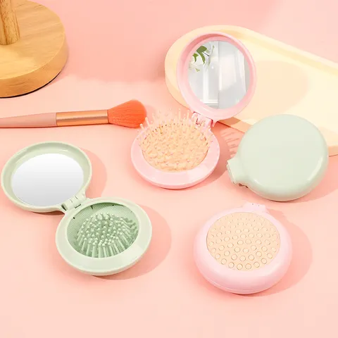 Portable Folding Hair Brush With Mirror Mini Massage Airbag Comb Compact Travel Hairbrush For Women ABS Material