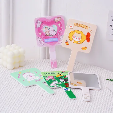Cartoon Handheld Makeup Mirror Cute Portable Square Plastic Mirror With Handle HIPS Glass For Students Dormitory Home Desktop Mirror