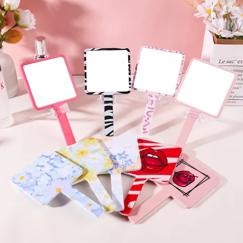 Square Handheld Makeup Mirror ABS Plastic Frame Printed Pattern Portable Vanity Mirror For Bedroom Student Dormitory Women