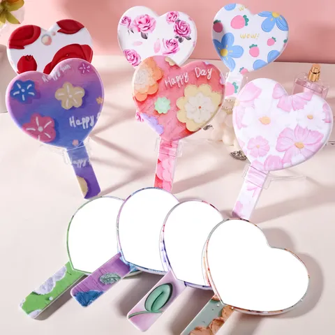 Heart-Shaped Handheld Makeup Mirror With Handle Cute Floral Pattern Portable Decorative Cosmetic Mirror For Women Girls Gift