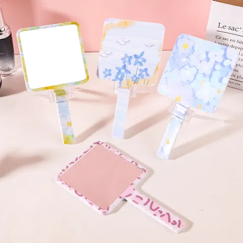 Square Handheld Makeup Mirror ABS Plastic Frame Printed Pattern Portable Vanity Mirror For Bedroom Student Dormitory Women