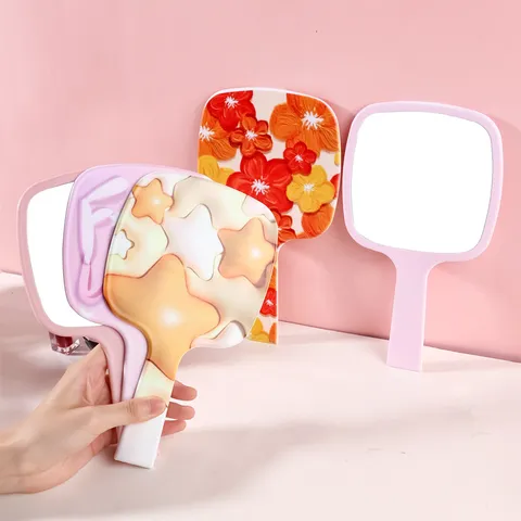 Handheld Makeup Mirror With Handle Portable Plastic Decorative Beauty Mirror For Women Girls Dormitory Beauty Salon Floral Unicorn Geometric Pattern Mirror
