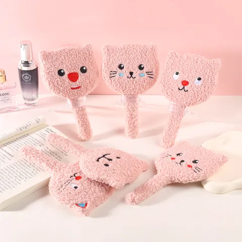 Cute Cartoon Plush Handheld Mirror Soft Teddy Velvet Bear Cat Portable Makeup Mirror For Women Girls Gift Cosmetic Mirror